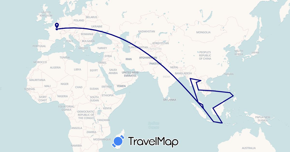 TravelMap itinerary: driving in France, Indonesia, Laos, Myanmar (Burma), Malaysia, Philippines, Singapore, Thailand (Asia, Europe)